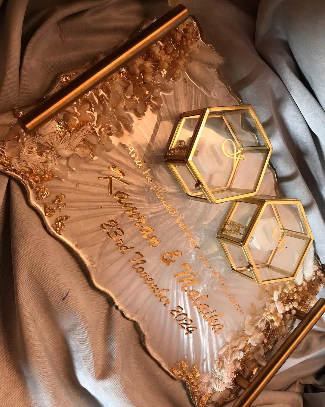 Luxury Anniversary Resin Tray | Custom Wedding Gift with Gold Handles & Glass Ring Boxes