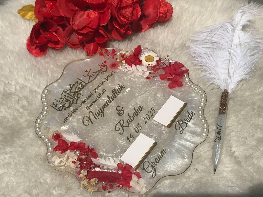 ✨ Luxury Personalized Islamic Nikkah Ring Platter with Feather Pen | Custom Wedding Tray for Bride & Groom ✨