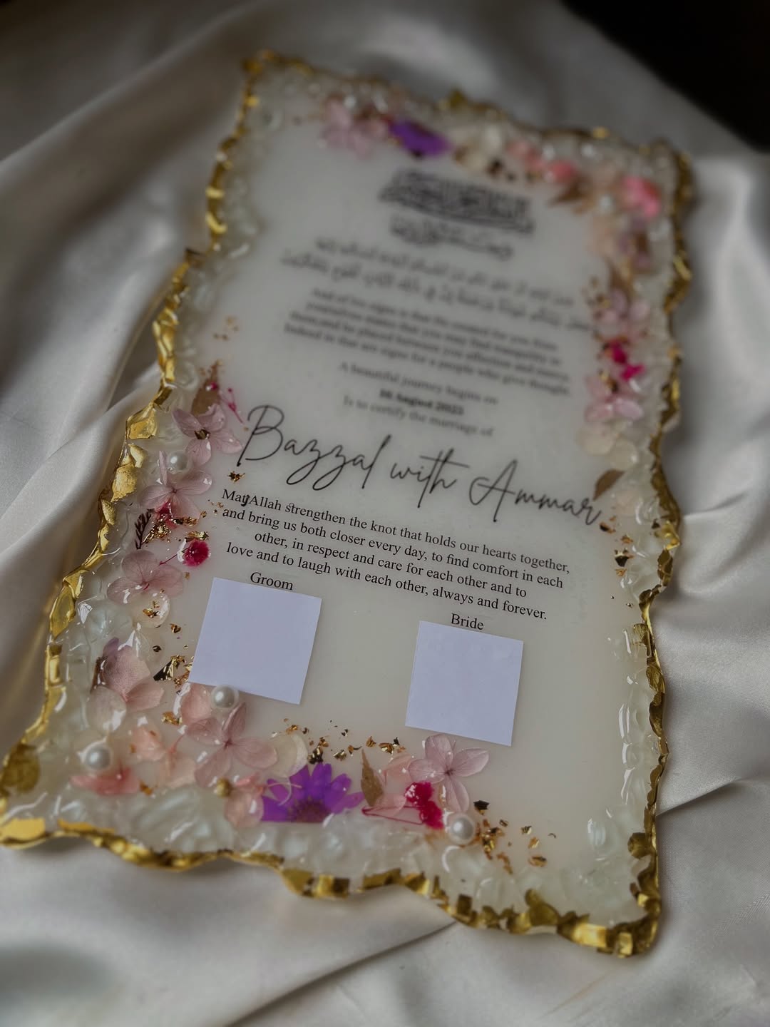 Floral Resin Wedding Certificate | Custom Nikkah Nama Plaque