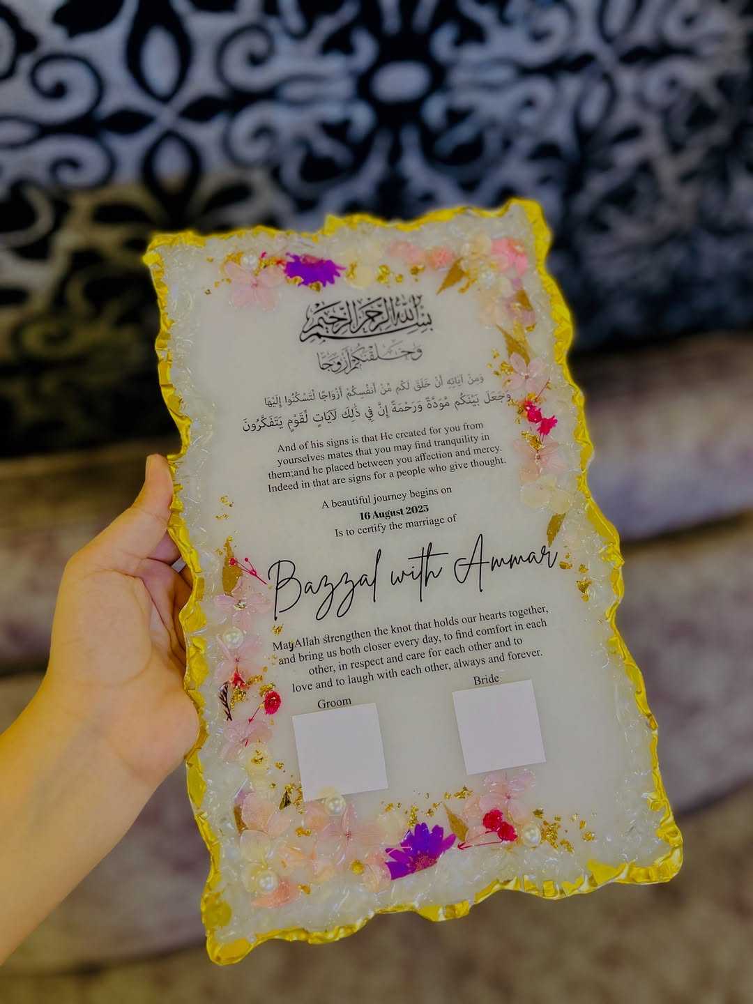 Floral Resin Wedding Certificate | Custom Nikkah Nama Plaque