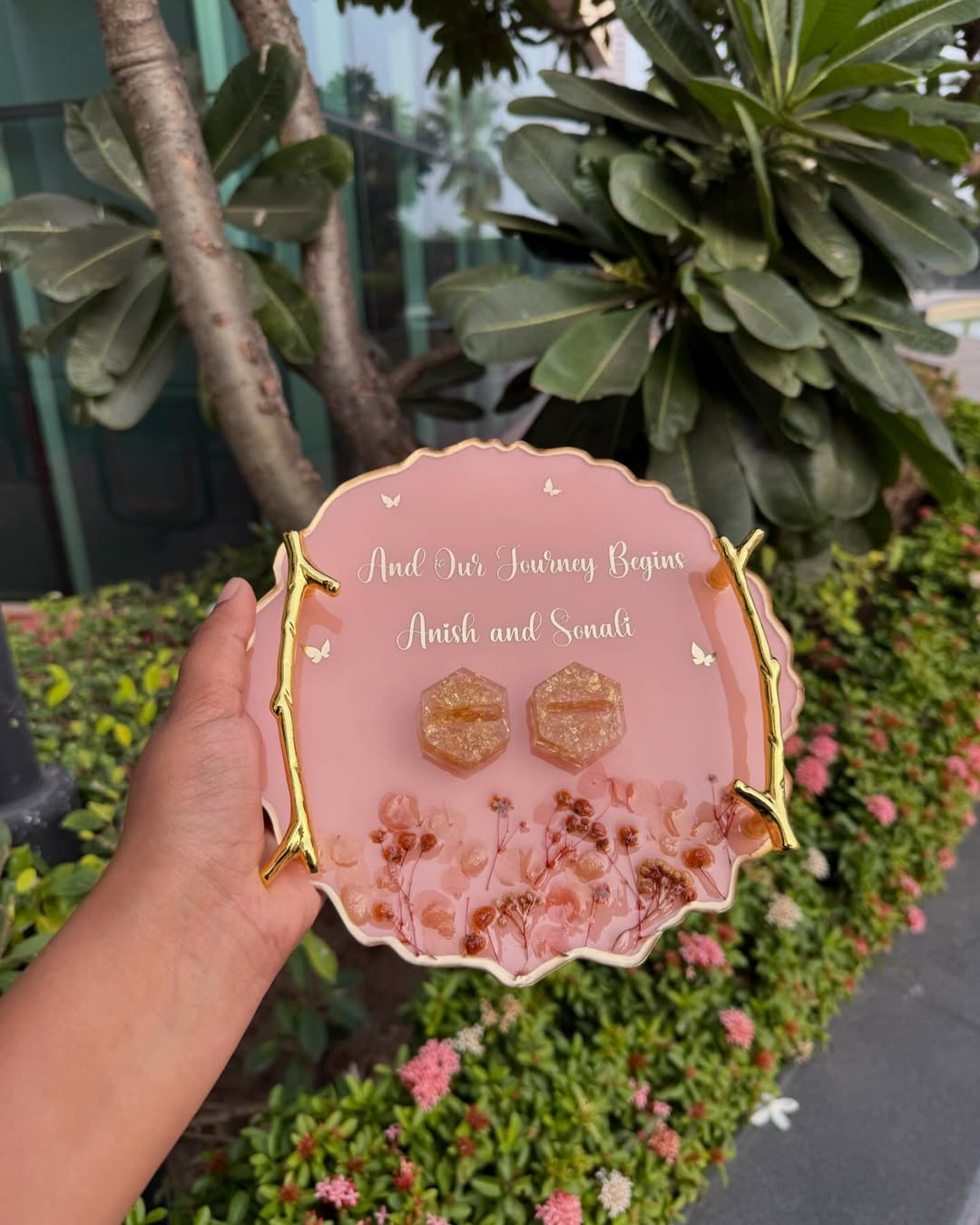 Personalized Wedding Resin Tray with Golden Tree Handles | Engagement Ring Holder Tray