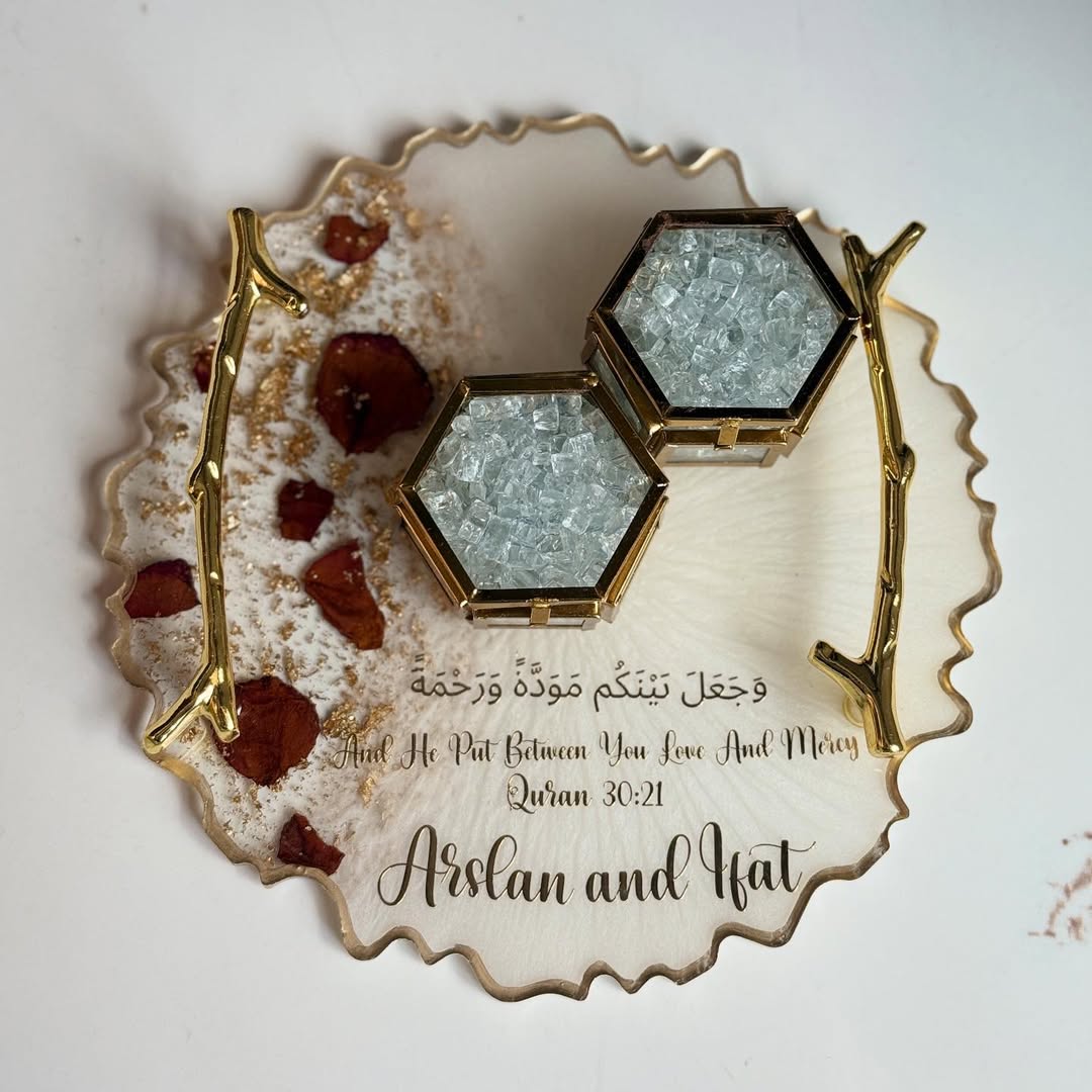 Elegant Resin Wedding Ring Tray with Golden Hexagon Boxes | Personalized Islamic Gift